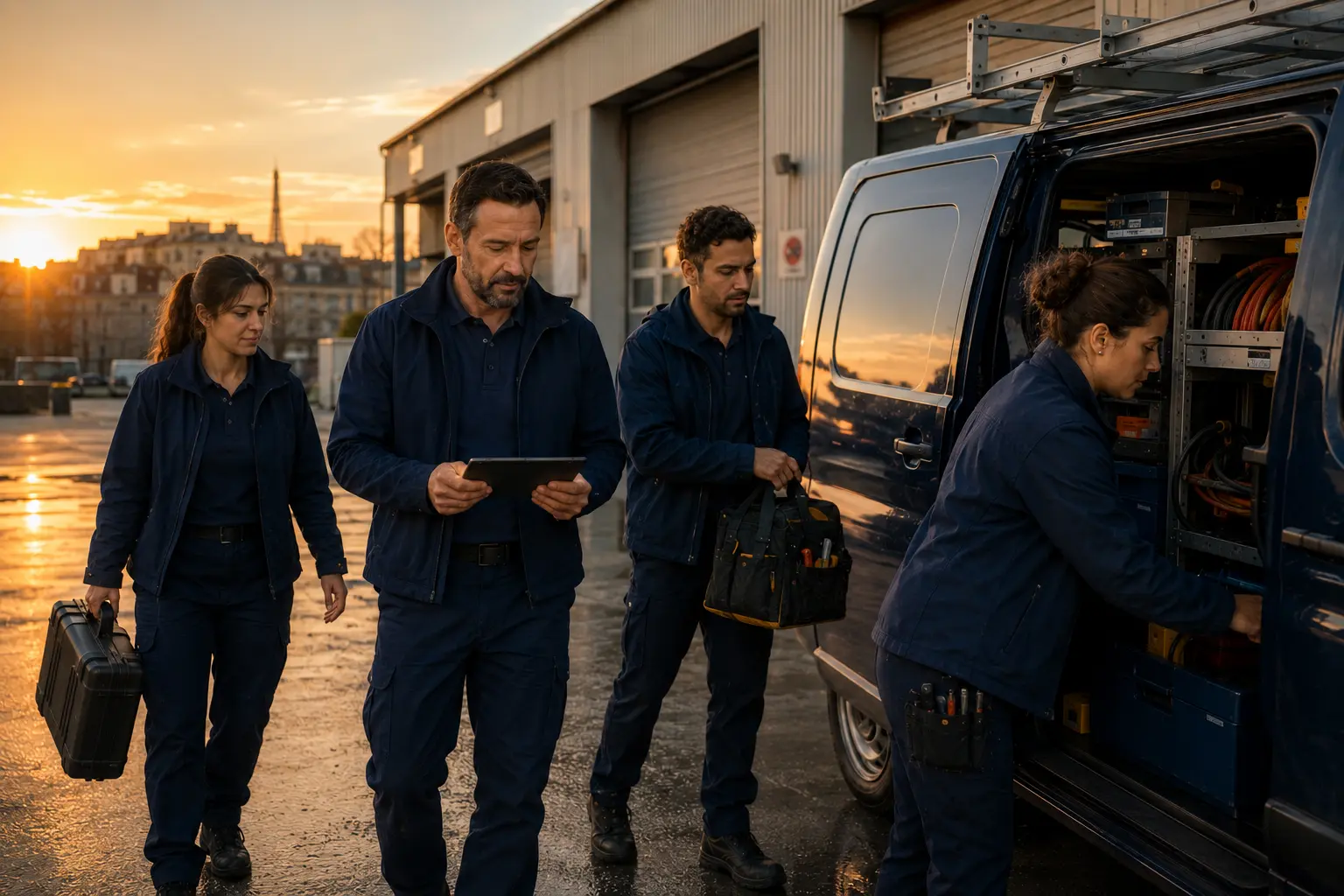 Une petite équipe d’artisans rejoint la camionnette au lever du jour, outils en main