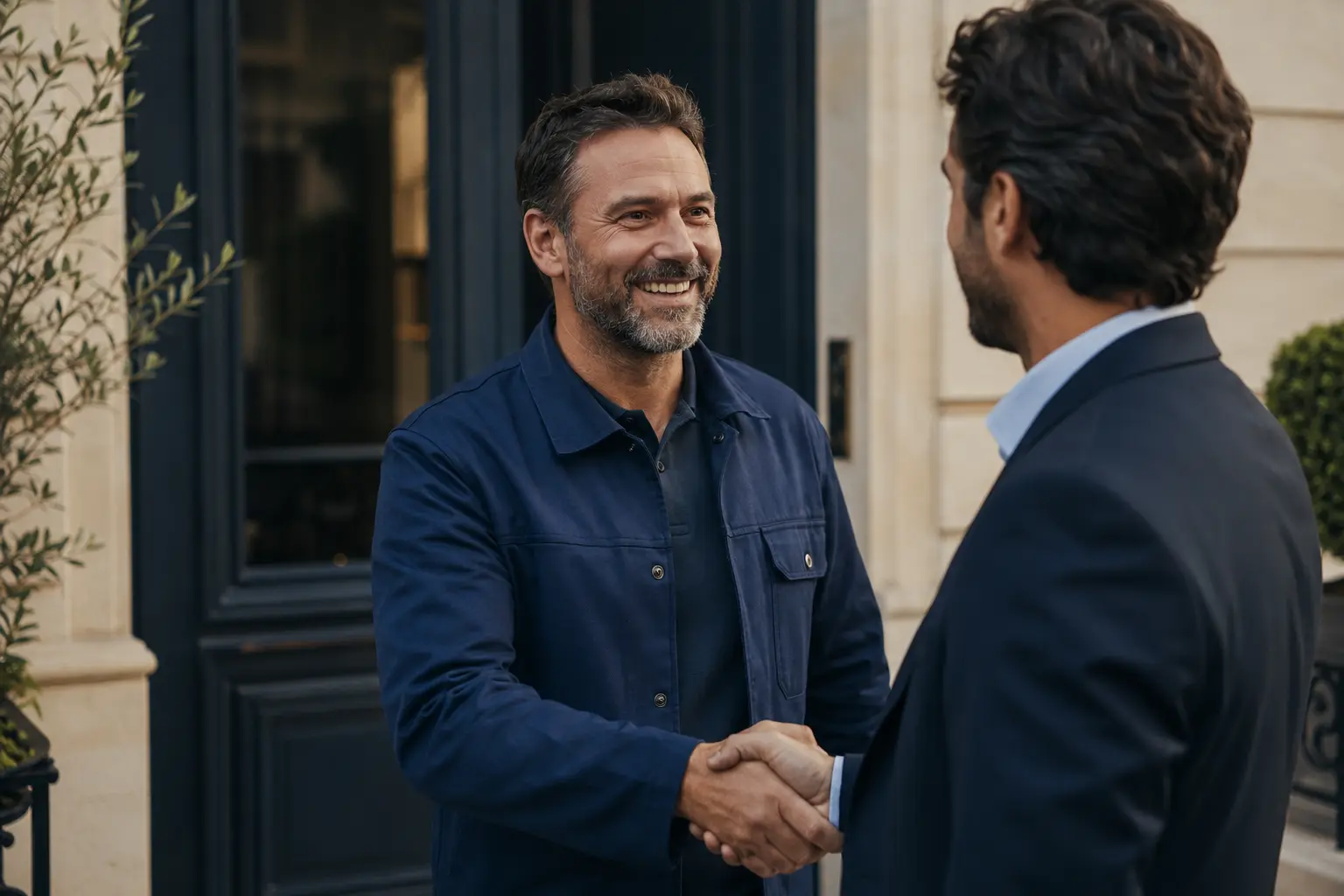 Un artisan serre la main d’un client sur le pas de sa porte