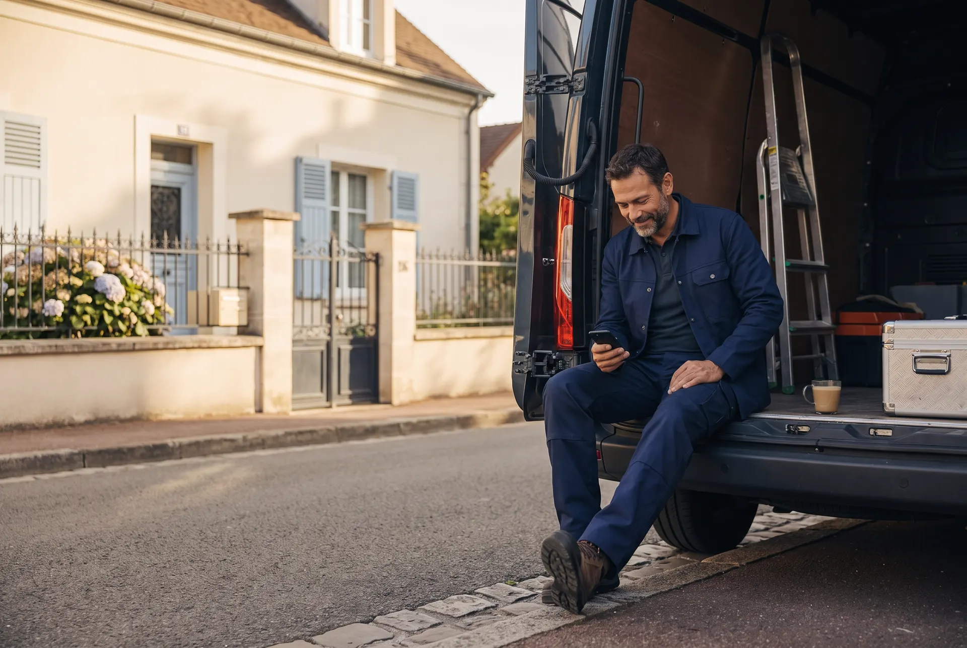 Un artisan assis à l’arrière de sa camionnette en fin de journée lit son téléphone, un café à côté de lui