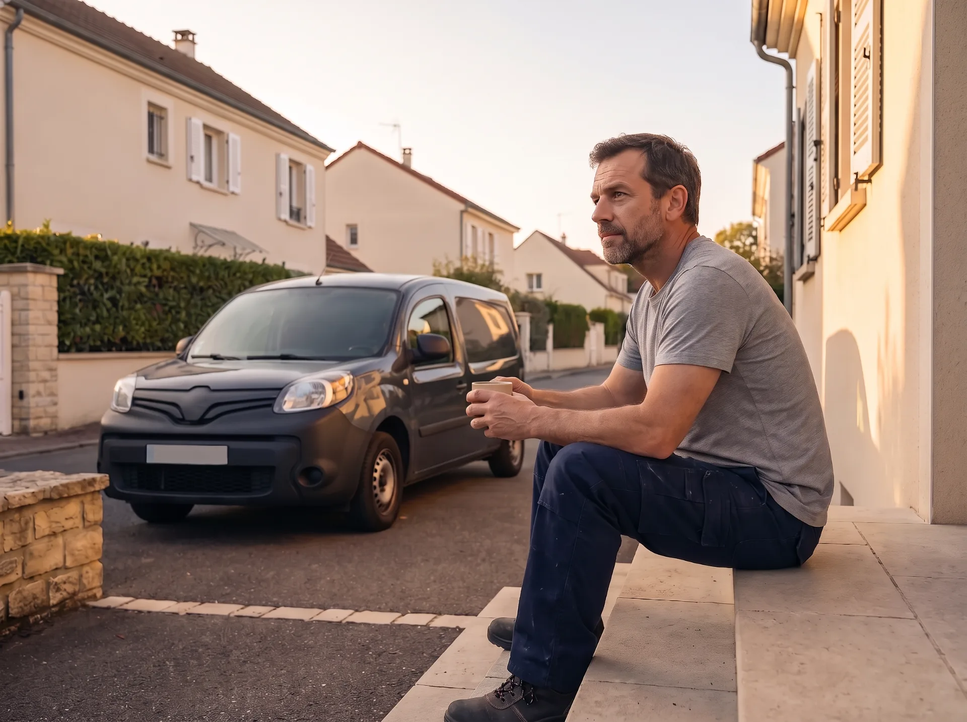 Un artisan indépendant assis sur les marches de son perron, une tasse à la main, au crépuscule, sa camionnette garée dans l’allée