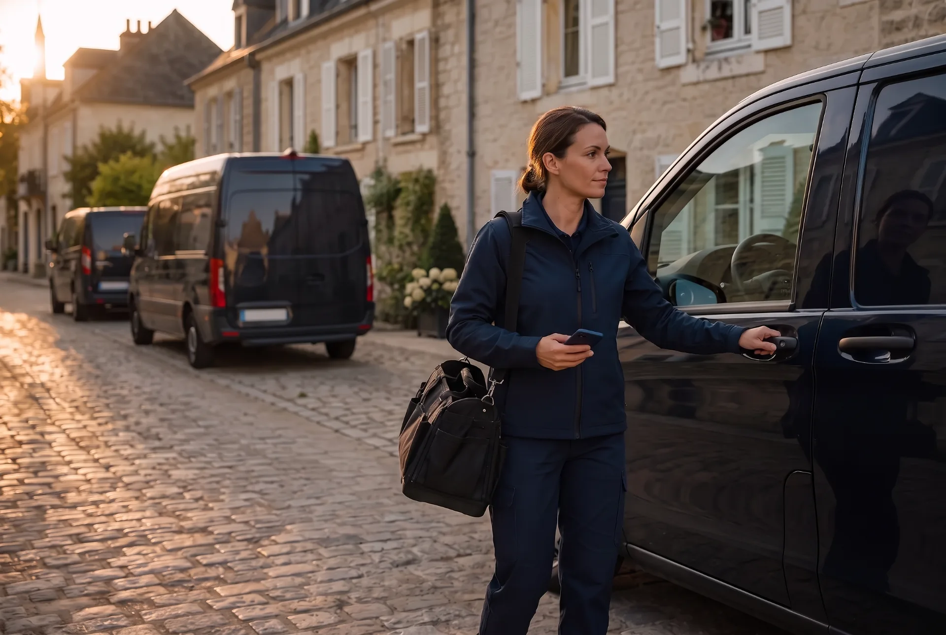 Une artisane indépendante ferme la porte de sa camionnette devant la maison d’un client, à la fin d’une intervention