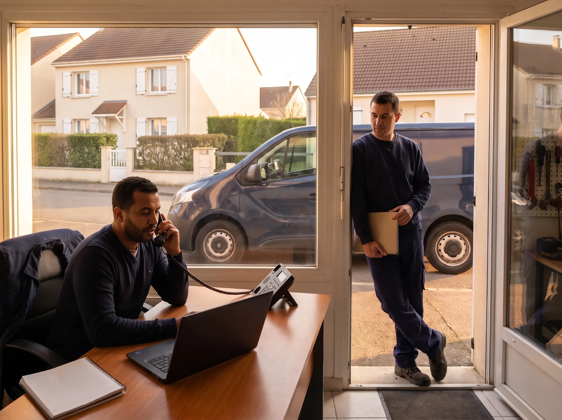 Dans le bureau d’une petite entreprise, une personne prend un appel à sa table de travail pendant qu’une technicienne s’appuie dans l’encadrement de la porte, l’atelier et la camionnette derrière