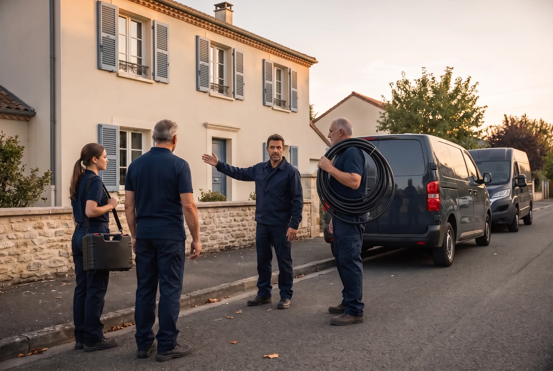 Un chef d’entreprise donne ses consignes à deux membres de son équipe sur le trottoir devant la maison d’un client, avant de commencer, leurs camionnettes garées juste à côté