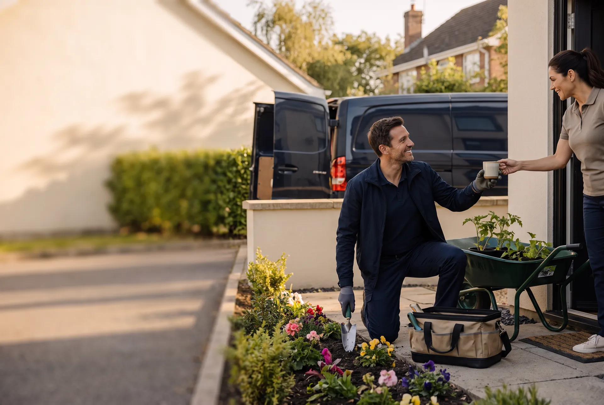 A gardener kneeling in a customer’s front garden takes a coffee from the homeowner, the work van parked behind