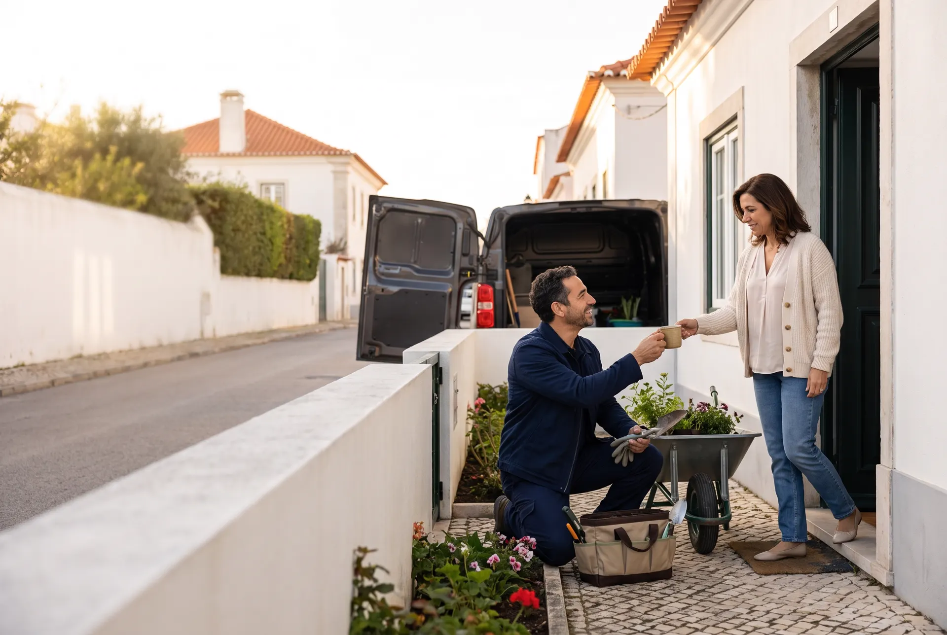 Um jardineiro, ajoelhado no jardim da frente de uma cliente, recebe um café da dona da casa, com a van de trabalho estacionada atrás