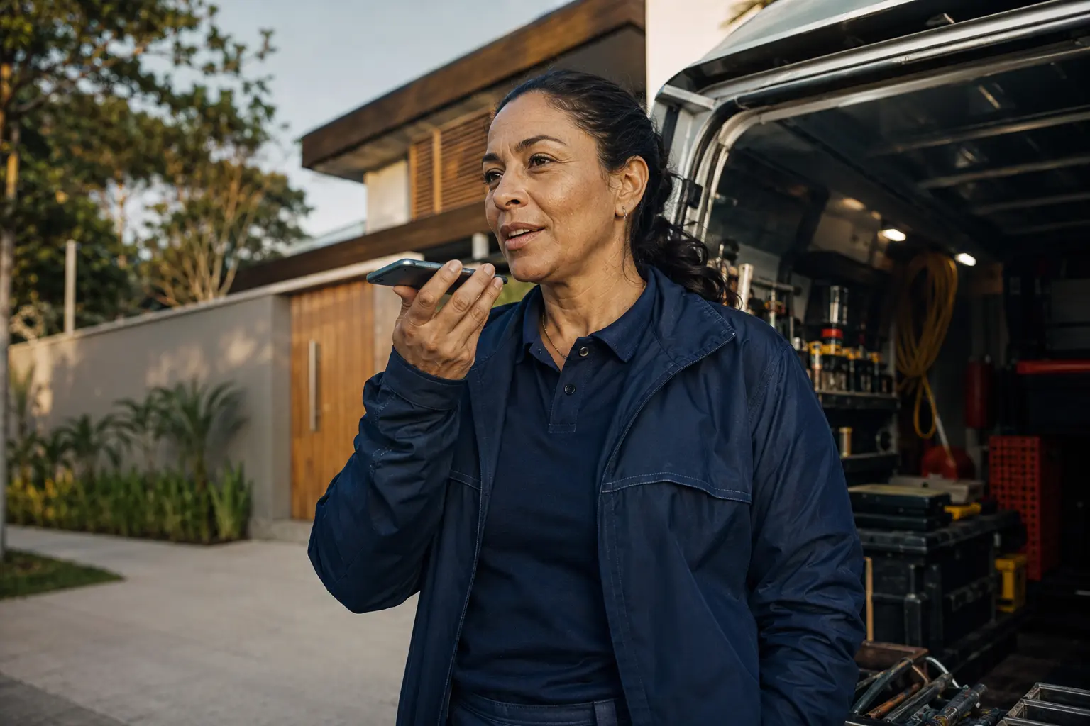 Uma dona de empresa de serviços fala ao telefone ao lado da van aberta, em frente à casa de um cliente