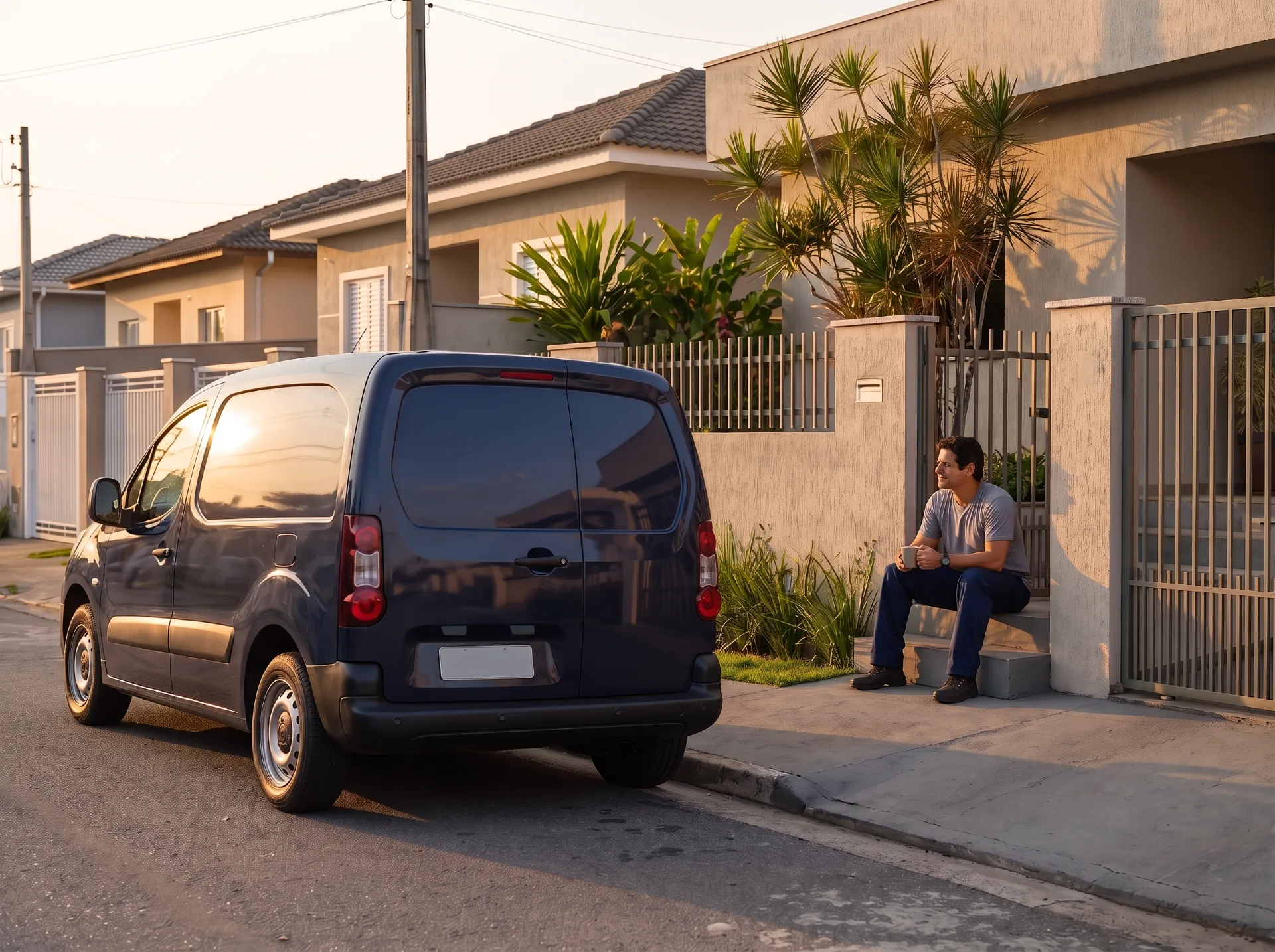 Um profissional autônomo sentado nos degraus da varanda com uma caneca ao entardecer, a van estacionada na entrada da garagem
