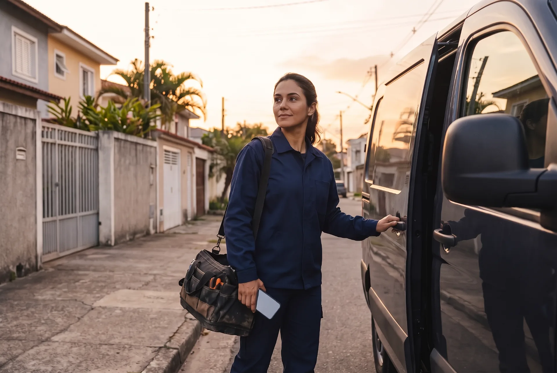 Uma profissional autônoma fecha a porta da van em frente à casa de um cliente ao terminar um serviço