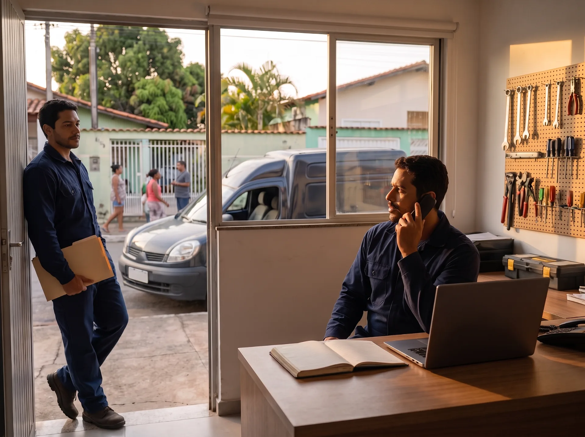 No escritório de uma pequena empresa, uma pessoa atende uma ligação na mesa enquanto uma técnica se apoia no batente da porta, com a oficina e a van ao fundo