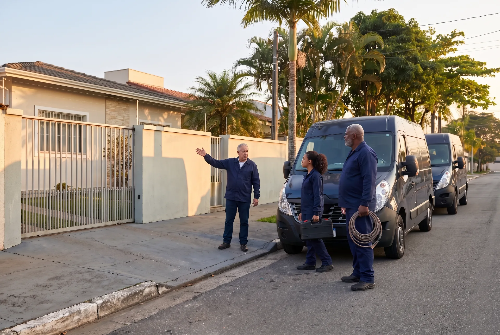 O dono de uma empresa orienta dois membros da equipe na calçada em frente à casa de um cliente antes de começarem, com as vans junto ao meio-fio