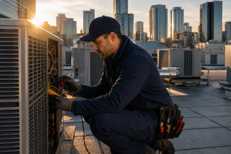 Un técnico de climatización revisa un equipo de aire acondicionado en una azotea sobre la ciudad