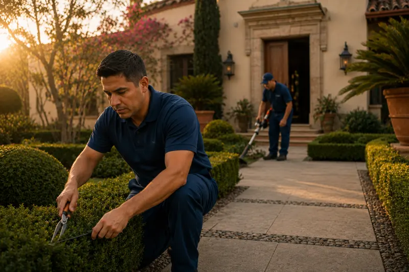 Un jardinero poda los setos junto al camino de entrada